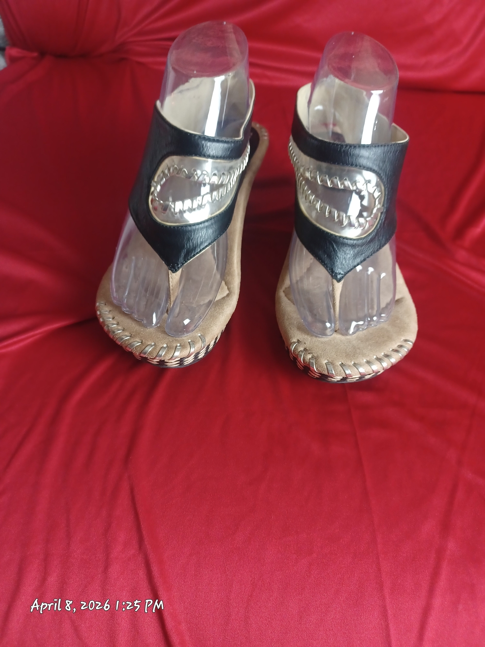 Modzori Women's Black Thong Sandals with Tan Footbed and Metallic Accent